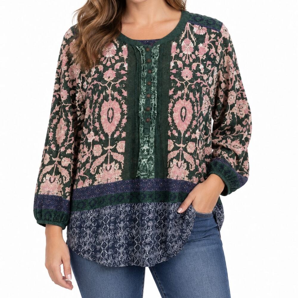 Lucky Brand Womens L Mixed Print Boho Henley Top Green Pink Long Sleeve